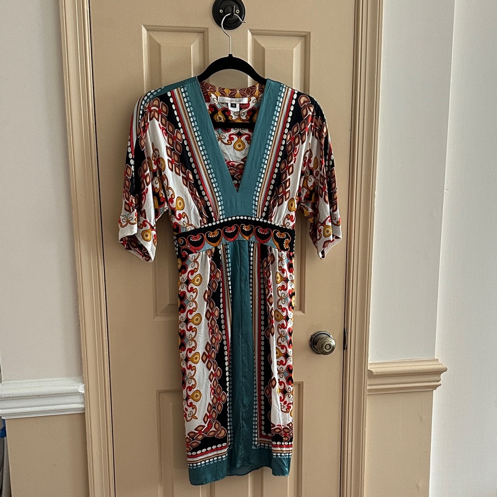 Single brand 100% Silk Teal and Multicolor Kimono style Women's Dress Med
